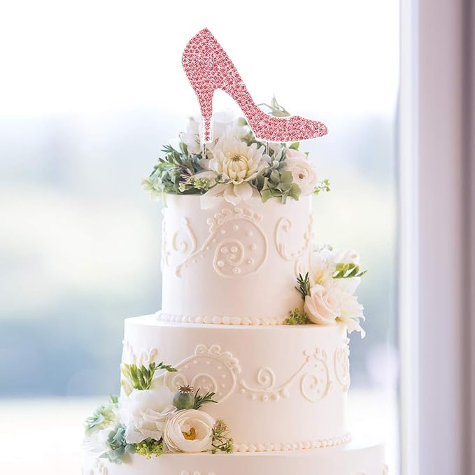 LINGTEER High Heel Pink Rhinestone Crystal Cake Topper Perfect for Birthday Wedding Anniversary Party Keepsake Sparkle Decoration