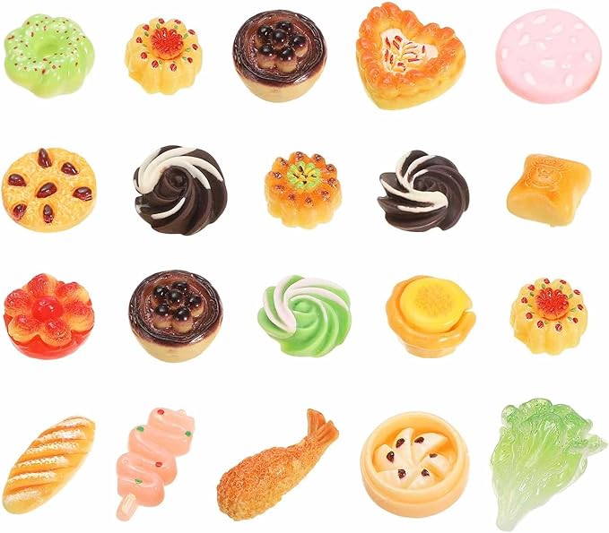 Dollhouse Miniature Food, Cute Mixed Figures Toys Mini Resin Foods Trinkets for Pretend Play Kitchen Cooking Game & Doll House Decor (Mixing Colors, 20pcs)
