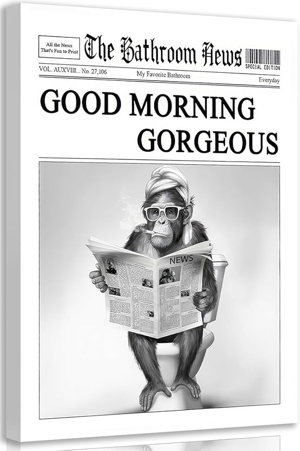 Funny Gorilla Bathroom Canvas Wall Art Black White Gorilla Reading Newspapers Painting Picture Wall Decor Humorous Bathroom Animals Poster Print Artwork for Toilet Home Decoration 16x24in