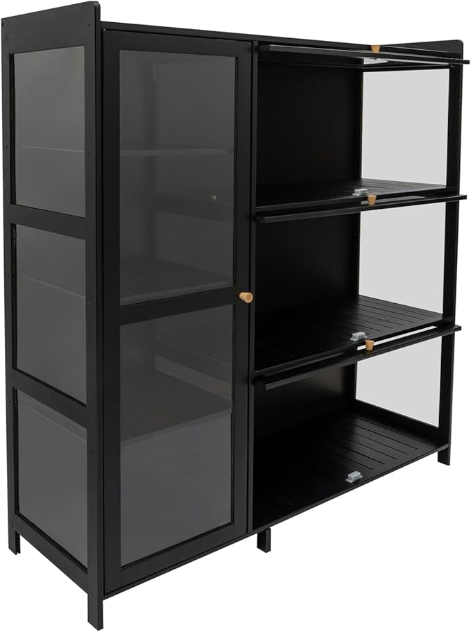 Display Cabinet with Acrylic Doors, Display Curio Cabinet with 3+4 Shelves for Collectibles Figures, Black Bamboo Storage Display Case Clear Showcase for Home Office Living Room Gaming Room