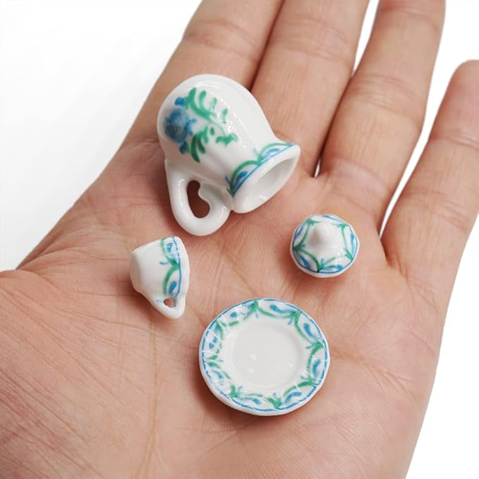 Odoria 1/12 Miniature Porcelain Tea Set 15Pcs Dollhouse Decoration Accessories, Green