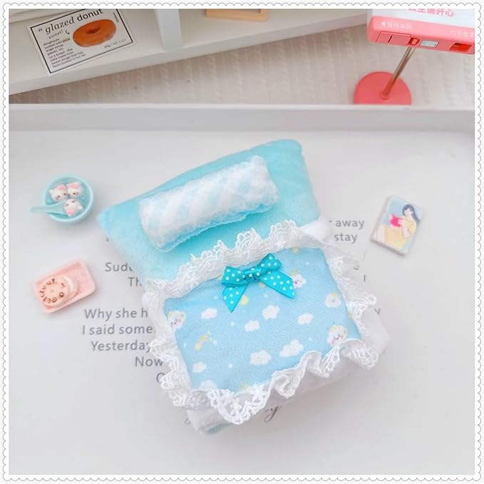 One-Piece Doll Bed for 17cm (6.7inch) Doll - Adorable Blue Themed with White Cloud Patterns and Lace Trim, Perfect for Dollhouse Furniture Accessories, Blue