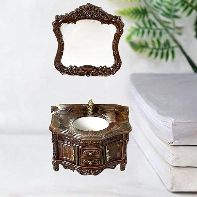 Luwecf 2 Pieces 1:12 Dollhouse Sink Cabinet Scene Model Ornament Bathroom Furniture Accessories Classic Mini Bathroom Washbasin Set, Brown