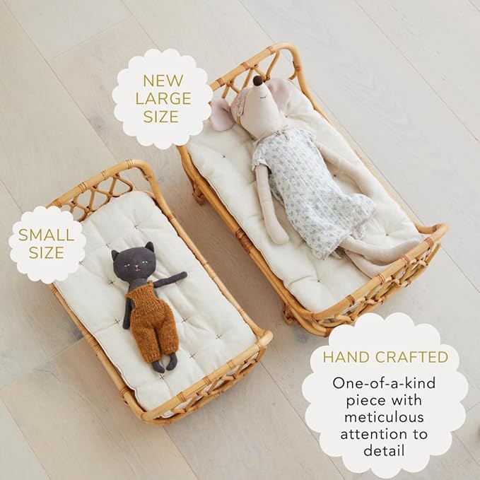 BEBE BASK Large Premium Rattan Doll Bed 20 x 12 x 10- Handcrafted & Award-Winning - Sized for 18-Inch Dolls - Fits American Girl & Our Generation - Luxe Mattress - Baby Photoshoot Props (Large)