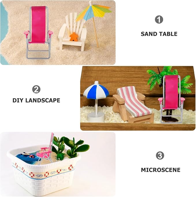 2PCS Miniature Beach Chair Dollhouse Mini Folding Chairs Mini Sunbath Longue Deck Dollhouse Furniture Accessories for DIY Fairy Garden Beach Decoration
