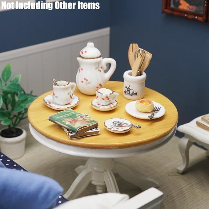 Odoria 1/12 Dollhouse Miniature Tea Set Porcelain 15Pcs Dolls Decoration Accessories with 16Pcs Miniatures Kitchen Plates Cutlery Set and Cooking Supplies, Cherry
