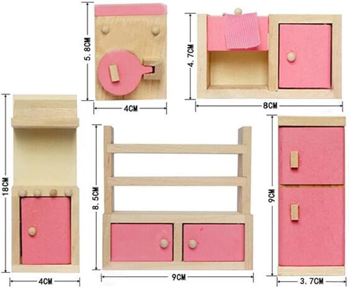 KunHe Wooden Dollhouse Furniture Set Including Kitchen Bathroom Bedroom Kid Room for Dollhouse Pink Color