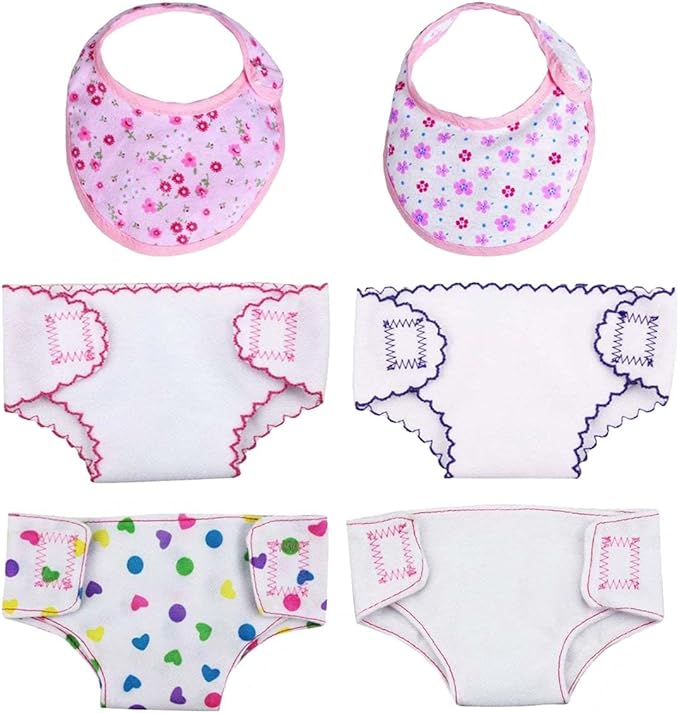 DC-BEAUTIFUL 4 Pcs Diapers, Underwear and 2 Pcs Bibs for 14-18 Inch Baby Dolls, Suitable for Infant Baby Girls Boys