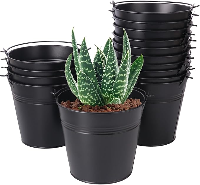 18 Pack 4 Inch Black Mini Metal Bucket, Elegant Galvanized Buckets with Handles, Tin Buckets, Small Iron Bucket, Mini Metal Pail for Party Favors, Crafts, Garden & Beach