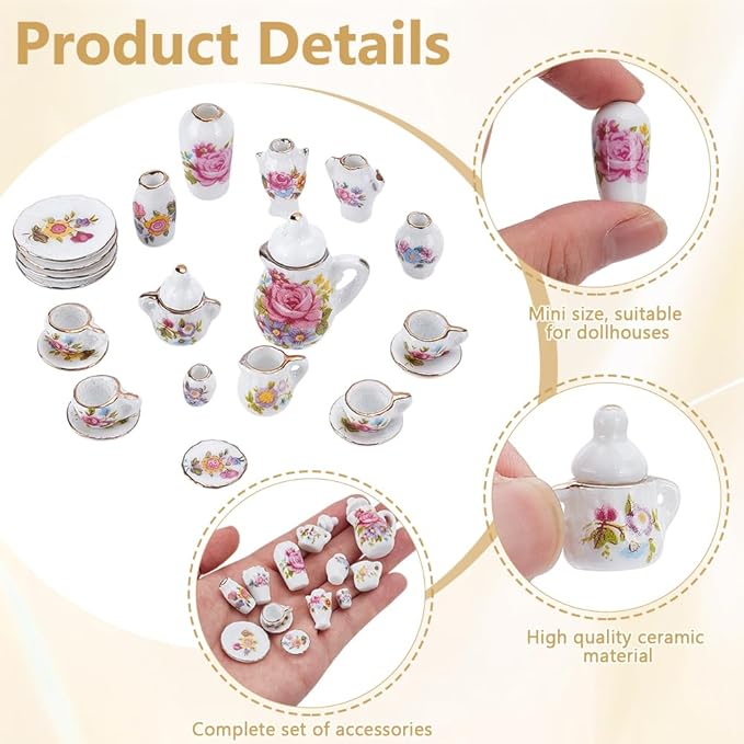 PLIGREAT 22 Pcs Miniature Dollhouse Porcelain Set, Mini Printed Ceramics Vase Plates Small Flower Pattern Teapot Cup for Dollhouse Furniture Accessories Home Decor