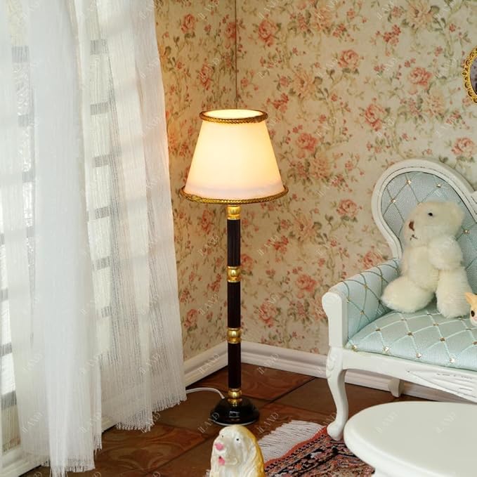 iLAND 1/12 Scale Accessories of Dollhouse Lights, Classic Miniature Lamp w/Plug for Dollhouse Decoration, Neoclassical Mini Flooring Lamp