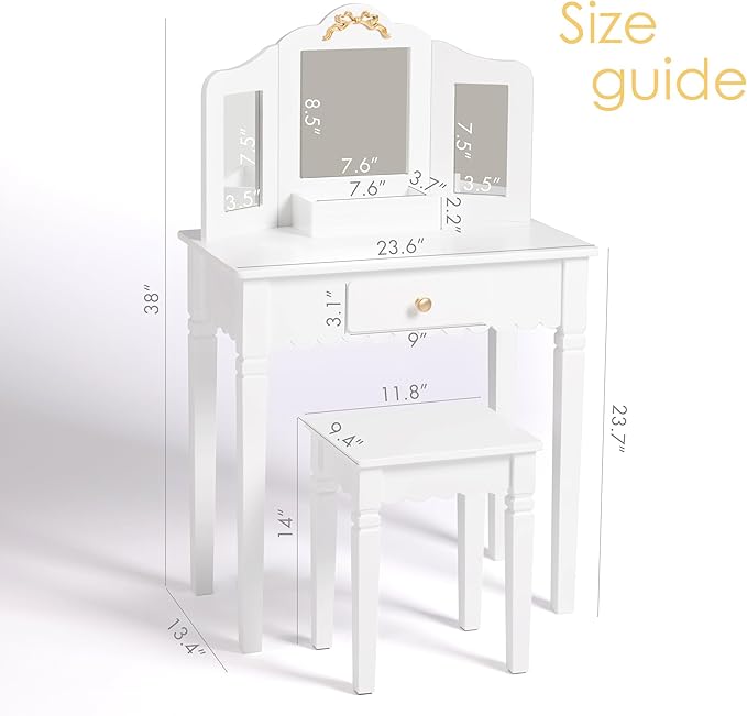 Spirich Kids Vanity Set with Mirror and Stool, Kids Make Up Vanity Desk for Little Girls, Children Makeup Dressing Table with Drawer