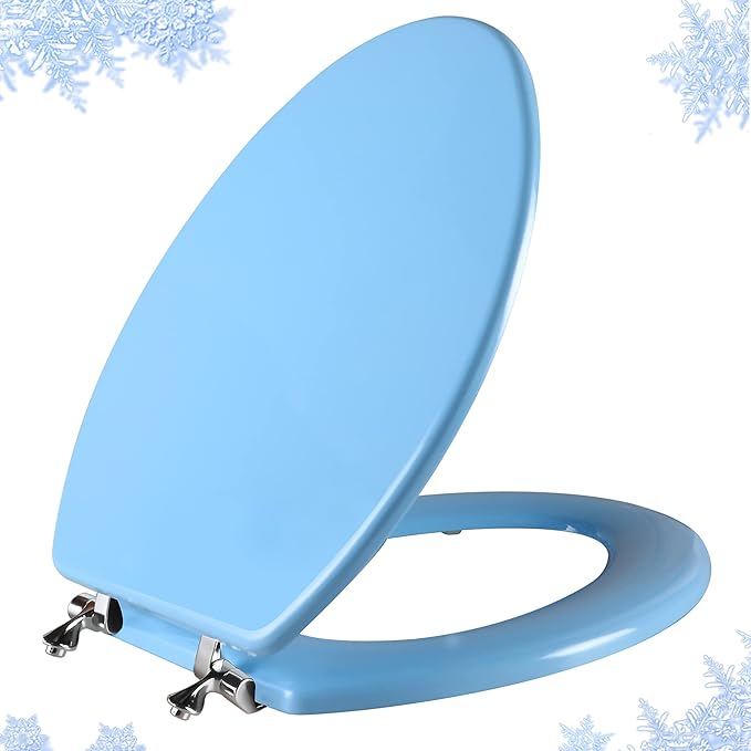 Blue Elongated Toilet Seat Natural Wood Toilet Seat with Zinc Alloy Hinges, Easy to Install also Easy to Clean, Scratch Resistant Toilet Seat by Angol Shiold (Elongated, Blue)