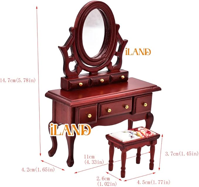 iLAND Wooden Dollhouse Furniture 1/12 Scale, Dollhouse Bedroom Furniture in Mahogany Color incl Dollhouse Bed & Dressing Table & Wardrobe (Classical Miniature Furniture 6pcs)