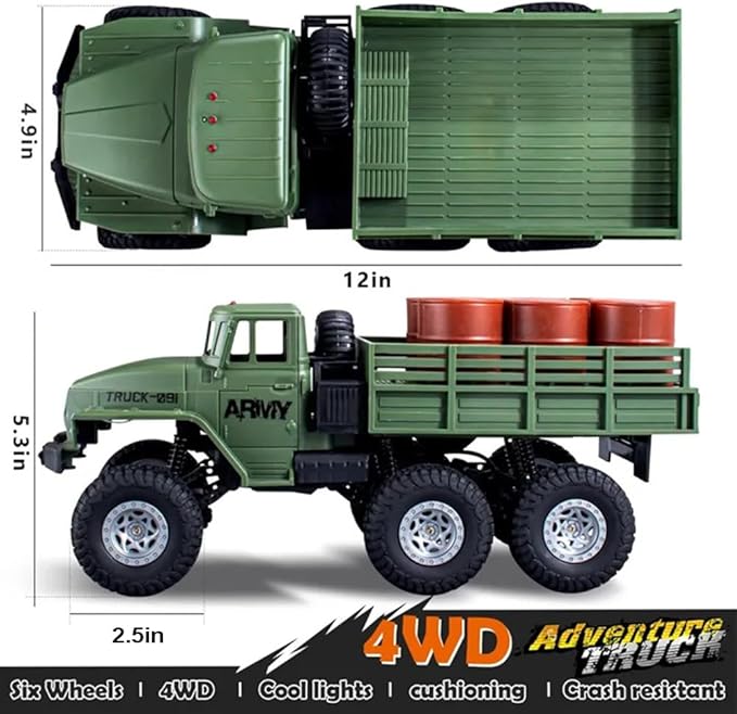 4WD Remote Control Military Truck for Kids 3-8,1:16 Off-Road All Terrain Rock Crawler with Lights, RC Army Transport Vehicle Toy with 2 Rechargeable Batteries, Birthday for Boys