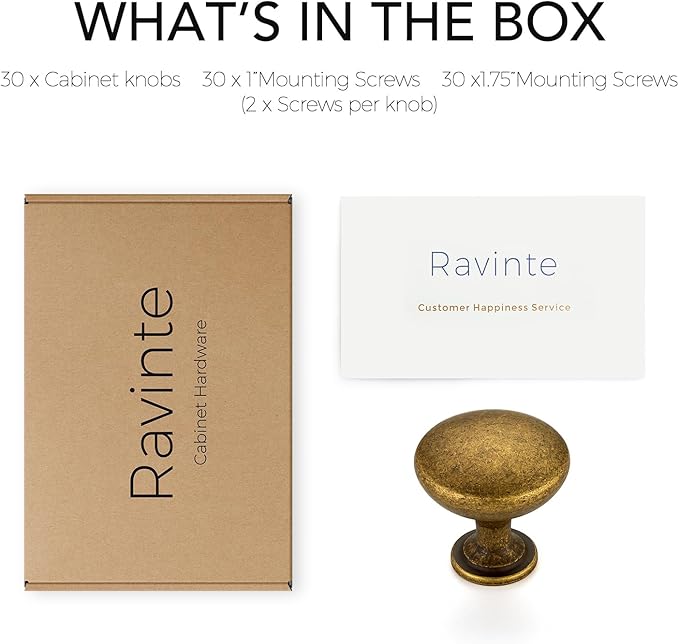 Ravinte 30 Pack Antique Brass Round Zinc Cabinet Knobs for Kitchen Bathroom Closet Dresser Cabinets
