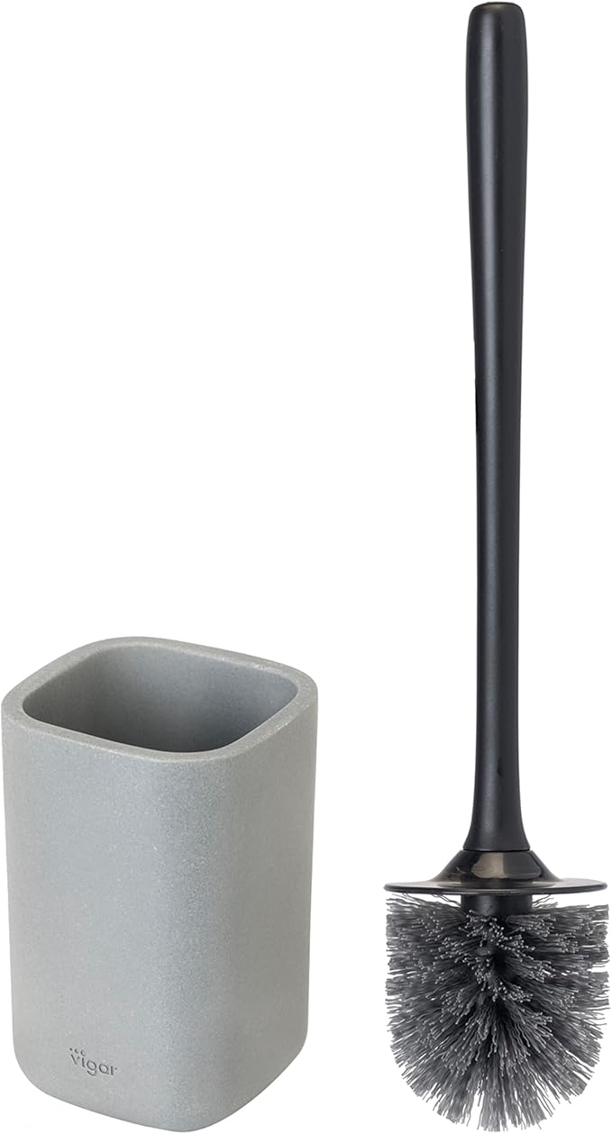 Vigar Zense Toilet Brush and Holder Set, Toilet Bowl Brush with Polyresin Stone Holder, Bathroom Sets for Bathroom Decor and Accessories, Concrete