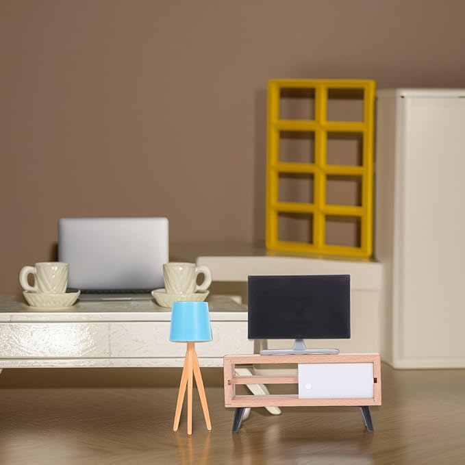Toyvian Dollhouse Miniature Tv Set: 1/12 Scale Dollhouse Furniture with Television Cabinet Floor Lamp Model - Realistic Design - Ideal for Mini House, Cake Topper