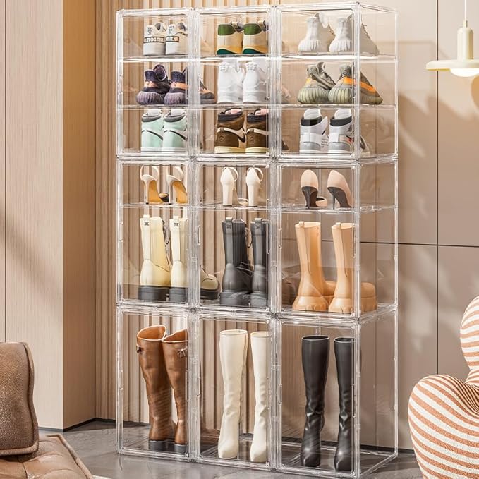 Extra Large 19.7"X14.6"X11.6" Acrylic Display Case with 2 Division Boards, Clear Organizer Box Plastic Holder with Magnetic Door for Handbags, Purses, Boots, Figures, Book