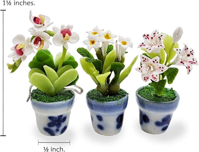 WitnyStore Tiny 1½" High 3 Pieces Set Lily Orchid Plumeria Hand Made Artificial Flowers Realistic Colorful Miniature Modelling Clay Flower Pots Brilliant Variety of House Plant Species Home Decoration