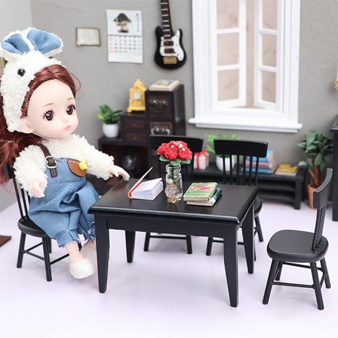 Black Chairs 5Pcs Miniature Table and Chairs, Mini Dining Table Set for 4, Doll House Black Wooden Miniature Furniture and Accessories Furniture