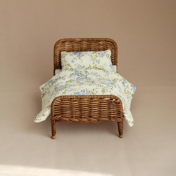 1:12 Scale Dollhouse Wicker Bed Set Handmade Miniature Rattan Bed with Pumpkin Bedding Natural and Brown Colors Dollhouse Bedroom Furniture Decor (Dark +Blue Floral Pattern)