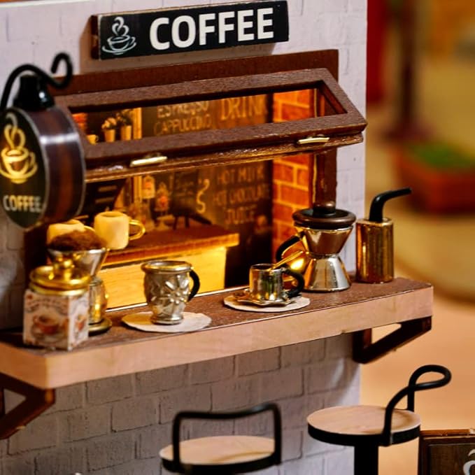 CRIOLPO DIY Doll House Miniature Kit, Handmade 3D Miniature Doll House with Furniture, Inventive Room DIY Dolls House, for Home DéCor - Coffee Time