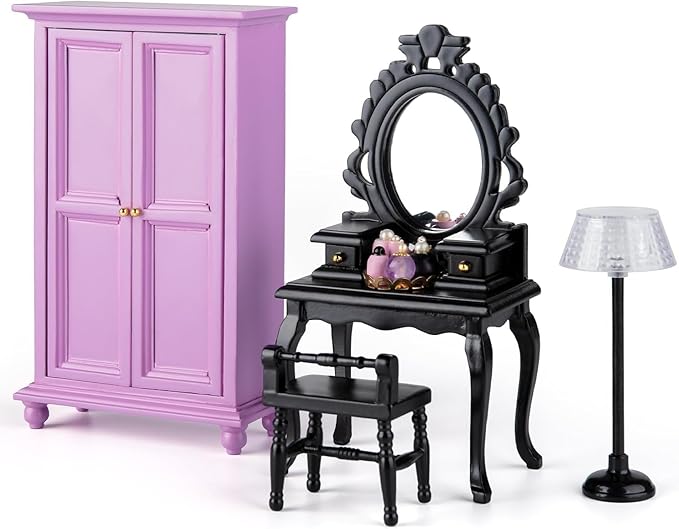 5Pcs 1:12 Dollhouse Wardrobe Furniture Set, Miniature Purple Openable Wardrobe, Dresser with Stool, Floor Lamp & Tiny Accessories for Bedroom Furniture