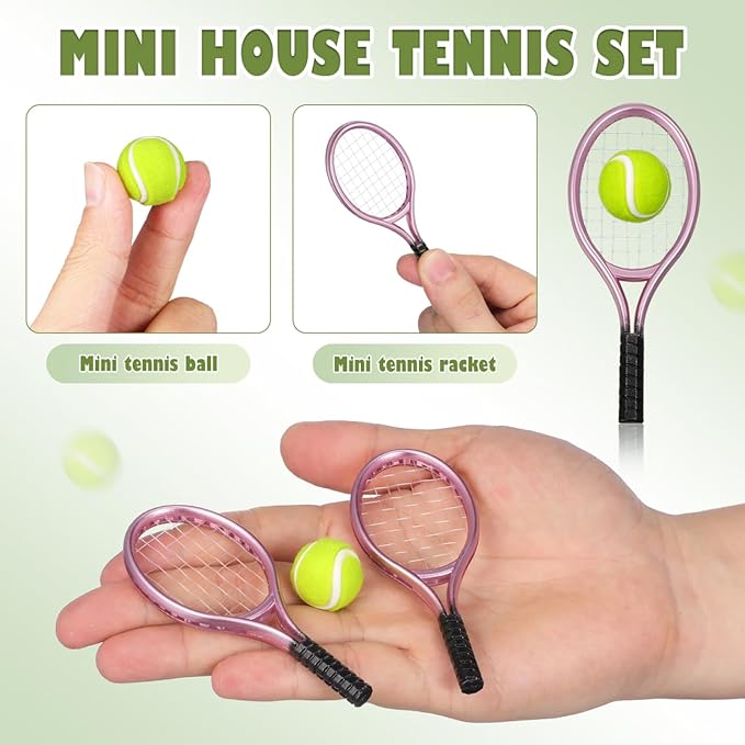 STOBOK Miniature Tennis Racket and Ball Set 3.54 Inch Dollhouse Sports Accessories for 1 12 Scale Decor Photography Props Mini Tennis Toy for Kids and Craft Projects