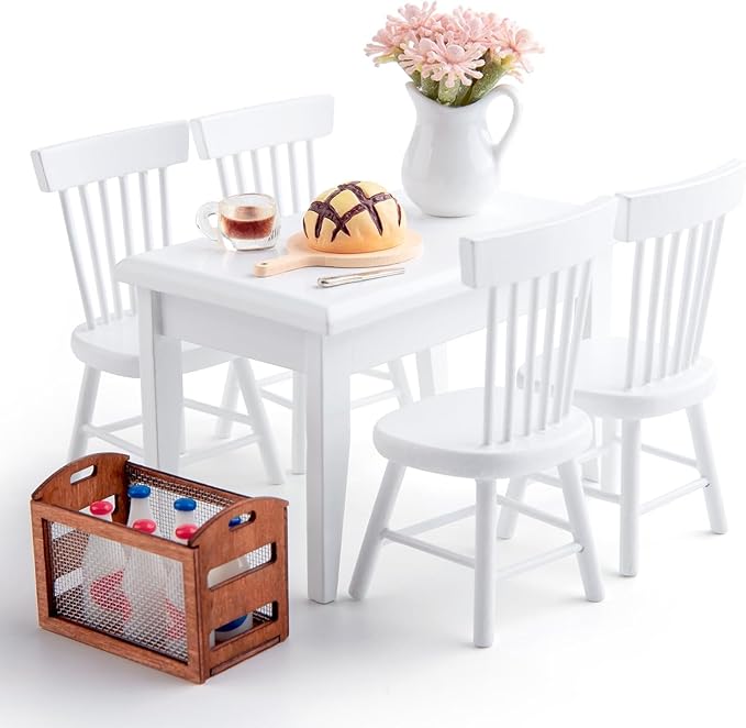 1/12 Dollhouse Table Chair Set, 17pcs Wooden Miniature Kitchen Furniture Set with Breakfast Accessories for Dining Room