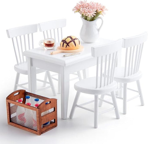 1/12 Dollhouse Table Chair Set, 17pcs Wooden Miniature Kitchen Furniture Set with Breakfast Accessories for Dining Room