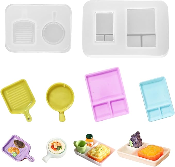 2Pcs Mini Lunch Box and Mini Pan Shape Resin Silicone Molds Tiny Tableware Wok Epoxy Casting Molds for DIY Micro Resin Dollhouse House Kitchen Miniatures Landscape Decor