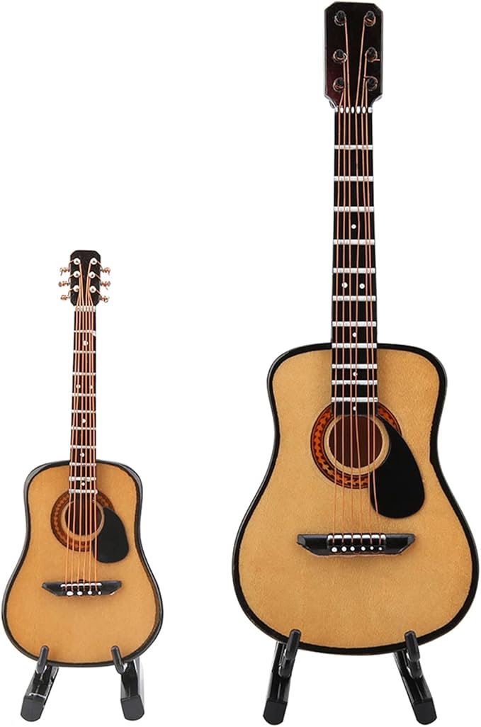 Miniature Guitar Model, Wooden Mini Guitar with Stand and Case, 3.95in Dollhouse Guitar, Musical Instrument Model Home Decor(10CM) (Pack of 2)