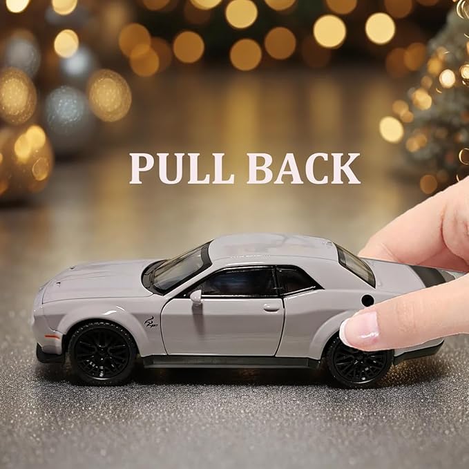 Toy Car Challenger Hellcat 1/32 Alloy Model Car with Light and Sound Collectible Model Cars Pull Back Toy Vehicles for Boys Children Age 3 + Year Old (Gray)