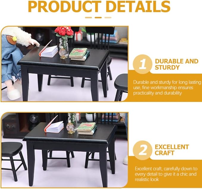Black Chairs 5Pcs Miniature Table and Chairs, Mini Dining Table Set for 4, Doll House Black Wooden Miniature Furniture and Accessories Furniture