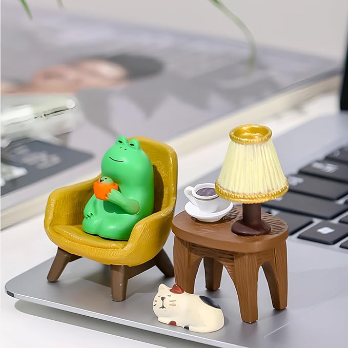 Miniature Frog Set with Sofa, cat, and Desk lamp - Cute Desk Accessories for Office Desk Decor and Home Display, Perfect as Desk Pets or Flower Frog