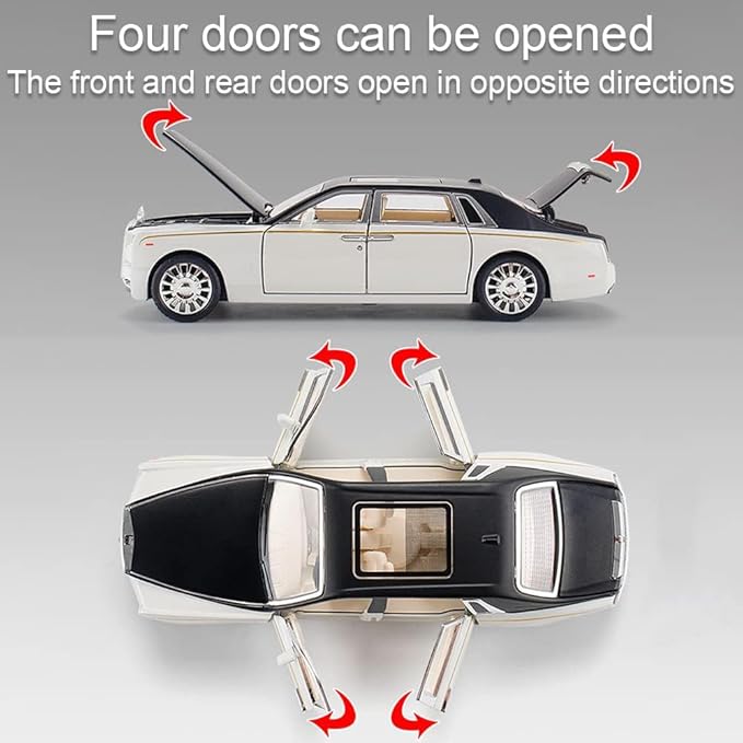 EROCK 1/24 Diecast Car Model Rolls-Royce Phantom Toy Car, Alloy Collectible Replica Pull Back Vehicles with Sound and Light for Kids Boys Girls Birthday Gift Phantom White