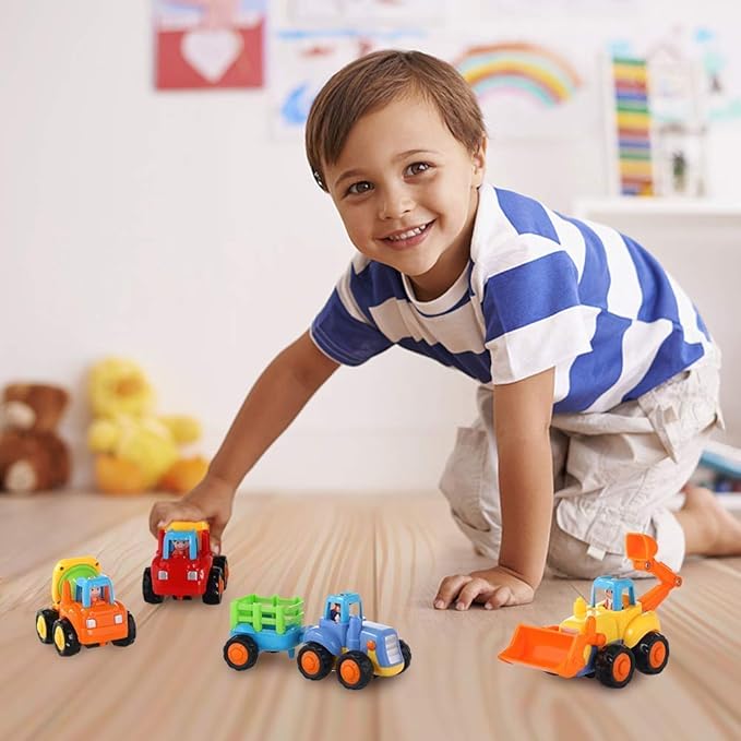Coogam 4 Pack Friction Powered Cars Construction Vehicles Toy Set Cartoon Push and Go Car Tractor, Bulldozer, Cement Mixer Truck, Dumper for Year Old Boy Girl Kid Gift
