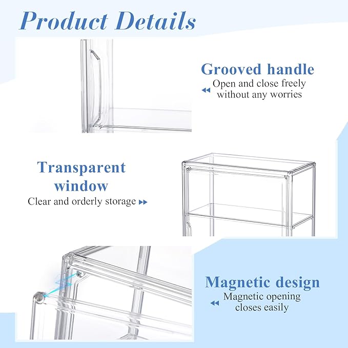6 Pcs Clear Acrylic Display Case 3 Tier Display Shelf Storage Boxes Cabinet Organizer with Magnetic Door for Figures Toys (Clear)