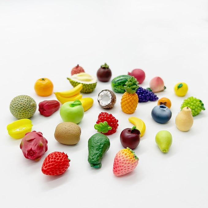 30Pcs Mini Resin Fruit, Artificial Fake Fruit, Fake Strawberry Banana Pineapple Lemon Peach Fruit Decorations for Mini House Kitchen Fairy Garden Cake Party Decor