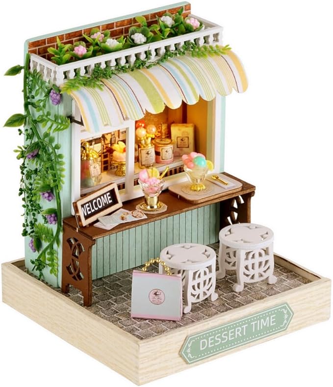 TuKIIE DIY Miniature Dollhouse Kit with Furniture, 1:24 Scale Creative Room Mini Wooden Christmas Doll House Plus Dust Proof for Kids Teens Adults(Dessert Time)