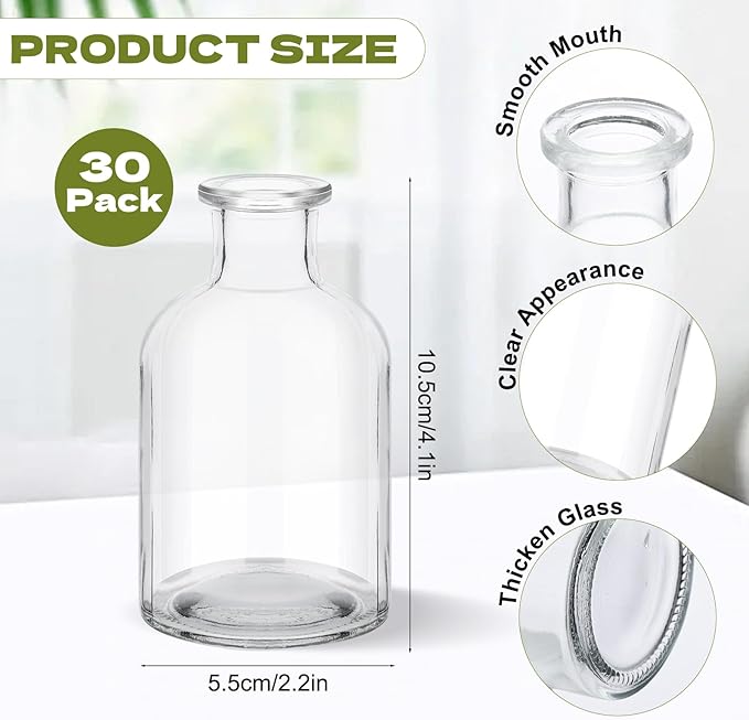 30PCS Glass Bud Vases Bulk, 4.22 oz Clear Small Mini Flower Vases for Centerpieces Decorative Glass Bottles Vintage Rustic Decoration for Wedding Dining Table Home Decor