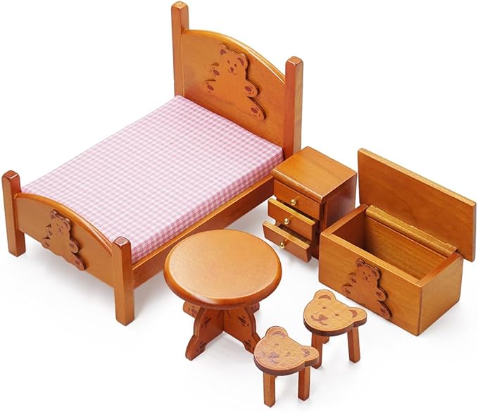 Odoria Dollhouse Bedroom Furniture Miniature : 1/12 Scale Single Bed with Bedding Cute Storage Chest Trunk - Mini Bedside Table and Chairs Wooden Nightstand 6Pcs