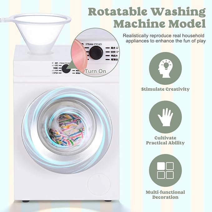 Abaodam Miniature Electric Washing Machine Mini Realistic Washer Machine Toy Rechargeable Rotatable Features for Dollhouse Accessories Play Miniature Stuff Decoration