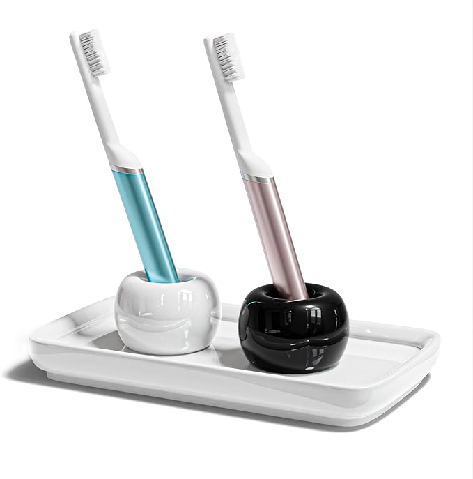 ELIKAI Ceramic Toothbrush Holder Set with Tray, Countertop Organizer for Bathroom, Storage Solution for Toothbrushes, Bathroom Accessories – Black/White – 2 Pack