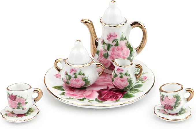 Dollhouse 1:6 Porcelain Tea Cup Sets 8 Pcs Set Miniature Ceramics Dollhouse Accessories Flower Pattern Teapot Platter Dish Sets Dollhouse Kitchen Supplies Decoration (Big Rose)