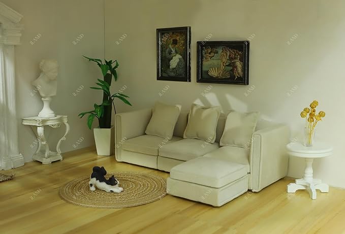 iLAND Dollhouse Furniture Miniature Sectional Couch Set Fit 1/12 Scale Accessories for Doll House Décor and 3 to 6 inches Doll Figure, Modern White Velvet Sofa Elegant & Classic