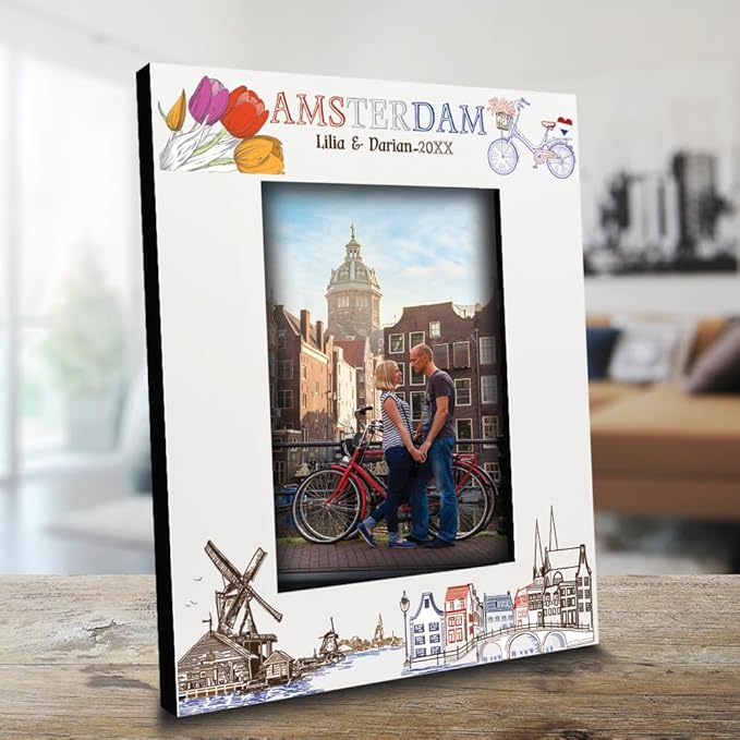 BELLA BUSTA-Personalized Europe Travel Picture Frame– Custom Amsterdam Photo Frame with City & Country-Honeymoon, Vacation, Adventure, Favor Keepsake (Amsterdam (5x7 Vertical))