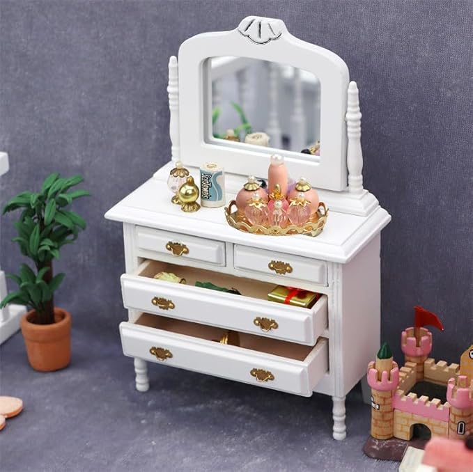 Gxsterd Dollhouse Makeup Vanity with Mirror & Perfume Tray 1/12 Miniature Dressing Table for Dollhouse Bedroom Furniture Decoration