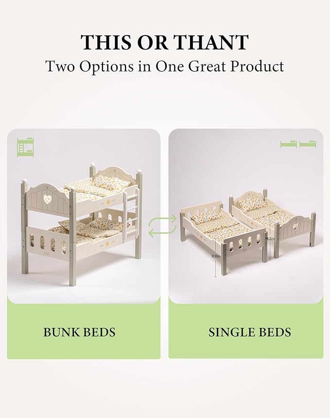 ROBUD Baby Doll Crib, Wooden Baby Doll Beds for 20 Inch Dolls, Green Baby Doll Bunk Beds with Tulle, American Girl Doll Bed for Gifts, WRP11